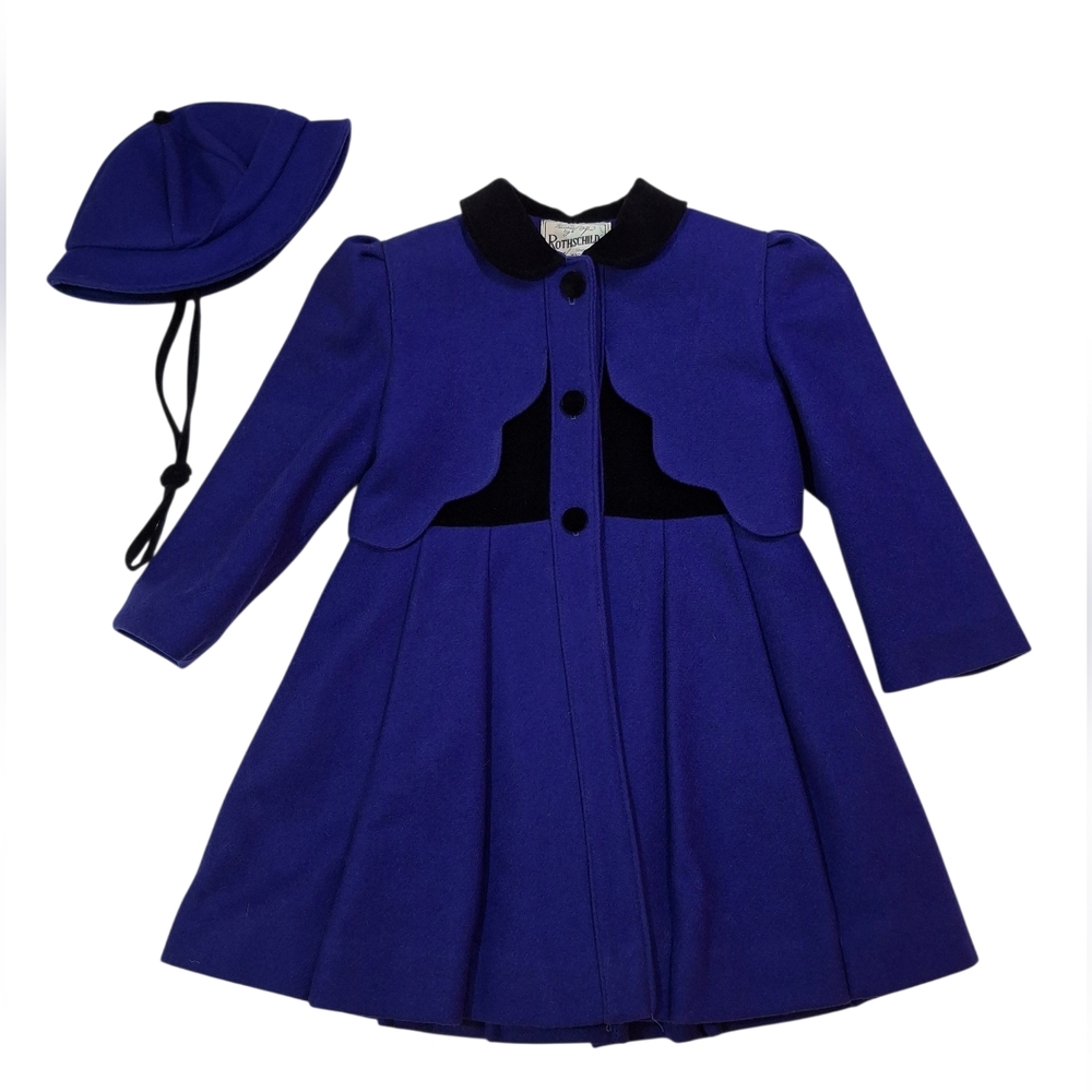VTG Rothschild Girls Royal Blue Wool & Velvet Trim Dress Coat And Hat Size 5